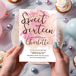 Chic Pink und Gold Wasserfarbe Sweet 16 Party Einladung