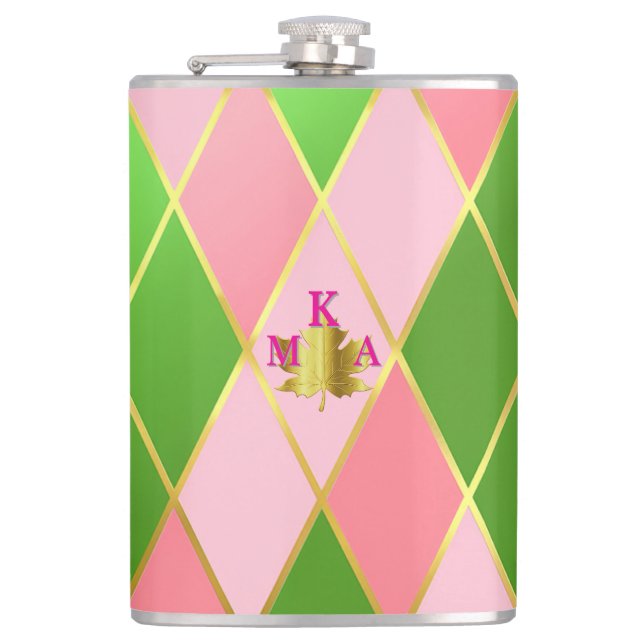 Chic Pink und Green Raute Mit Monogramm Flachmann (Vorderseite)