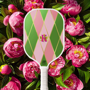 Chic Pink und Green Raute Mit Monogramm Pickleball Schläger