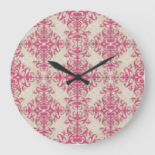 Chic Pink und Off White Floral Damask Muster Große Wanduhr