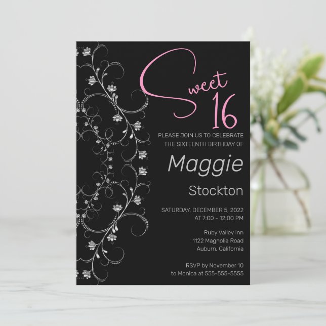 Chic Pink und Silver Sweet 16 Einladung (Stehend Vorderseite)