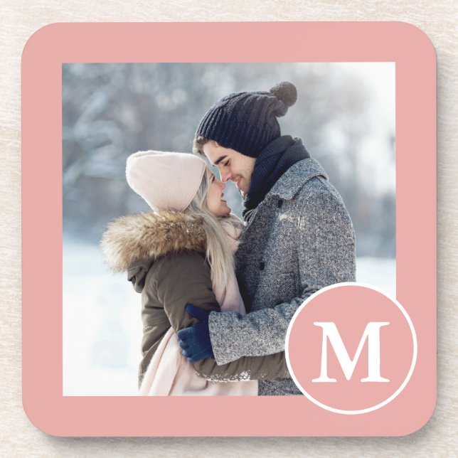 Chic Pink und White Monogram Foto Getränkeuntersetzer (Vorderseite)