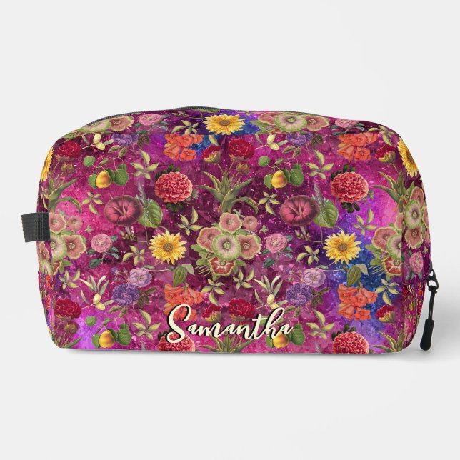 Chic pink violette Blumen monogramm Blumenmuster Waschbeutel (Vorderseite)