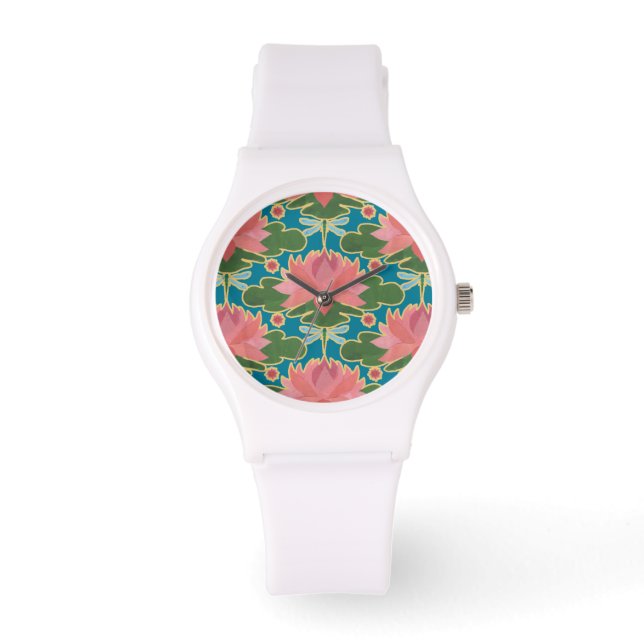 Chic Pink Water Lilis und Dragonflies Armbanduhr (Vorderseite)