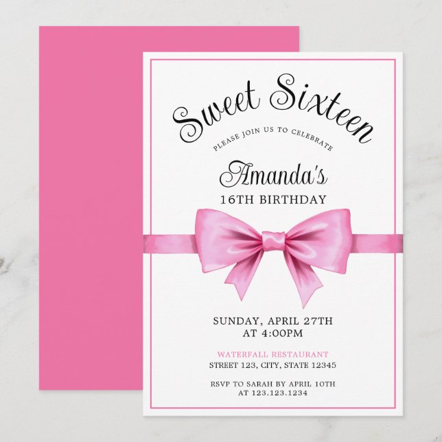 Chic Pink Watercolor Bow Sweet 16 Birthday Einladung (Vorne/Hinten)