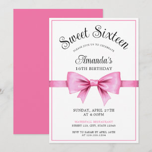 Chic Pink Watercolor Bow Sweet 16 Birthday Einladung