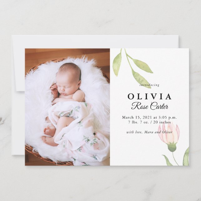 Chic Pink Watercolor Floral Birth Announcement Einladung (Vorderseite)