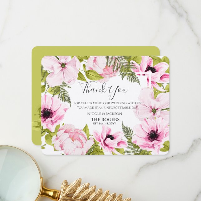 Chic Pink Watercolor Floral Dankeskarte (Vorderseite/Rückseite Beispiel)