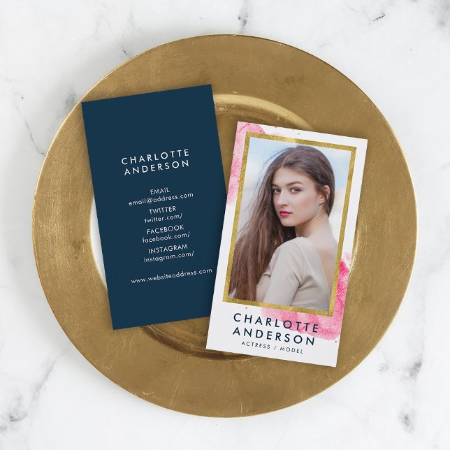 Chic Pink Watercolor Imitats Gold Headshot Foto Visitenkarte (Von Creator hochgeladen)