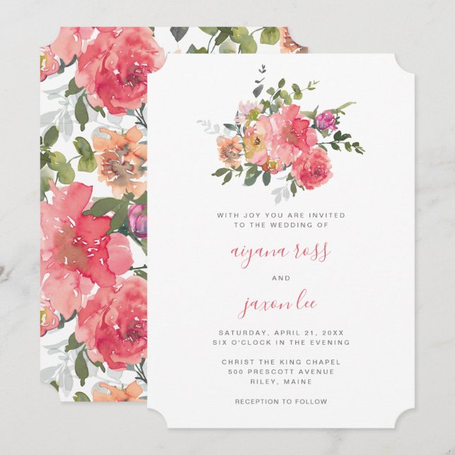 Chic Pink Watercolor Peony Bouquet Wedding Einladung (Vorne/Hinten)