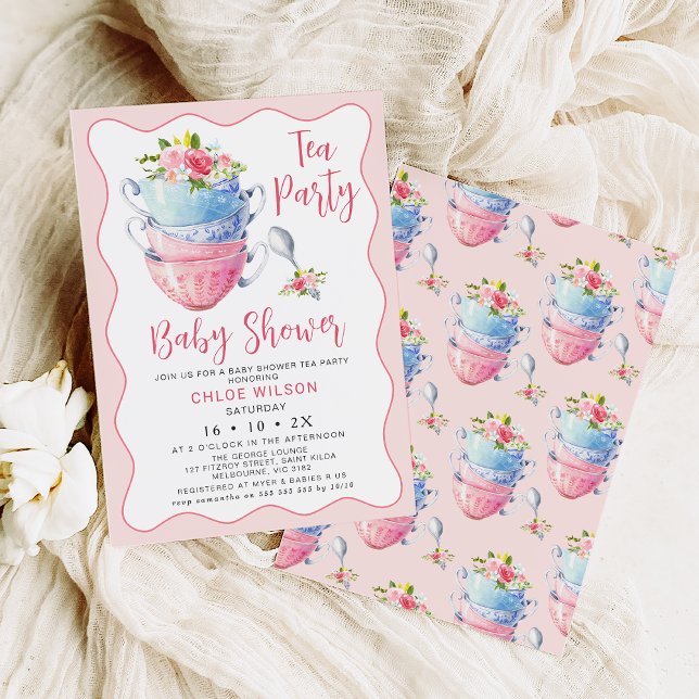 Chic Pink Wave Floral Baby Dusche Tee Party Einladung (Pink wave chic baby shower tea party invitation featuring some stacked teacup and flowers.)