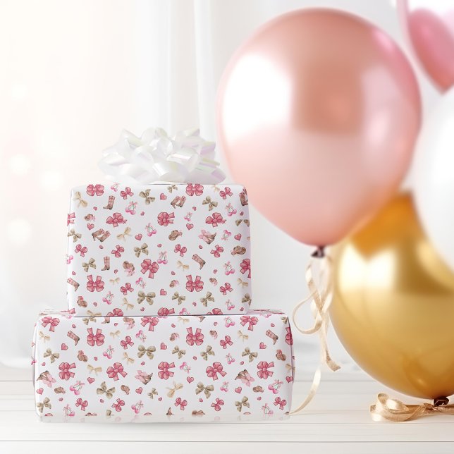 Chic Pink Western Cowgirl Stiefel, Hats & Bows Geschenkpapier (Von Creator hochgeladen)