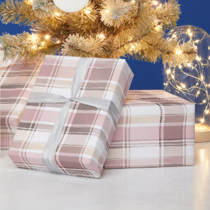 Chic Pink White Cream Kariert Stripes Weihnachten Geschenkpapier
