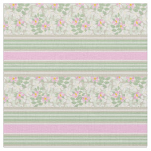 Chic Pink White Dog Rose auf Taupe Stripe Gewebe Stoff