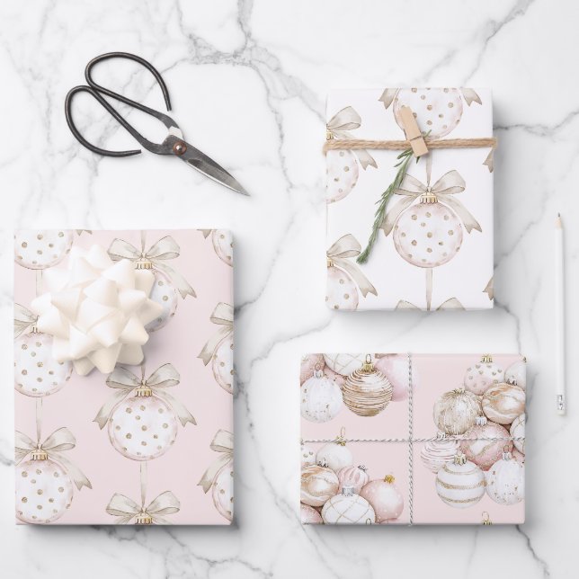 Chic Pink White Dots Bow Ornament Weihnachten Geschenkpapier Set (Vorderseite)