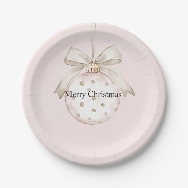 Chic Pink White Dots Bow Ornament Weihnachten Pappteller (Vorderseite)
