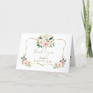 Chic Pink White Floral Gold Taufe Kalligrafie Dankeskarte