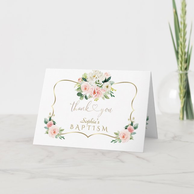 Chic Pink White Floral Gold Taufe Kalligrafie Dankeskarte (Vorderseite)