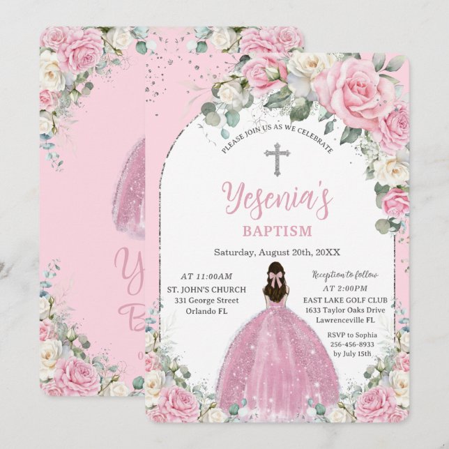 Chic Pink White Floral Silver Arch Taufe Einladung (Vorne/Hinten)