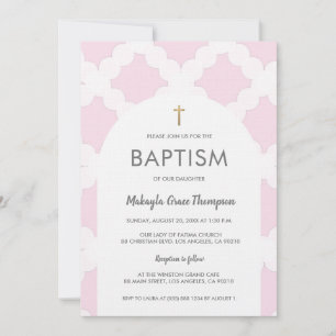 Chic Pink White Gold Cross Arch Baby Taufe Einladung