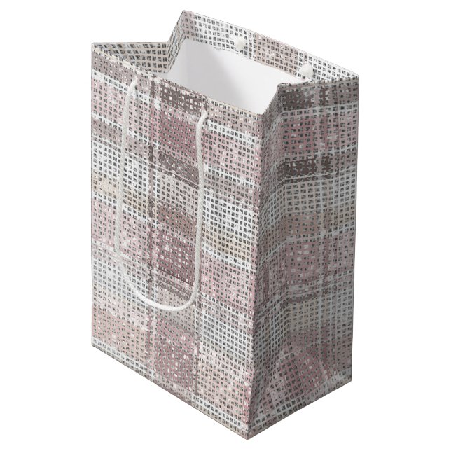 Chic Pink White Kariert Stripes Christmas Sparkor Mittlere Geschenktüte (Vorderseite Schrägansicht)