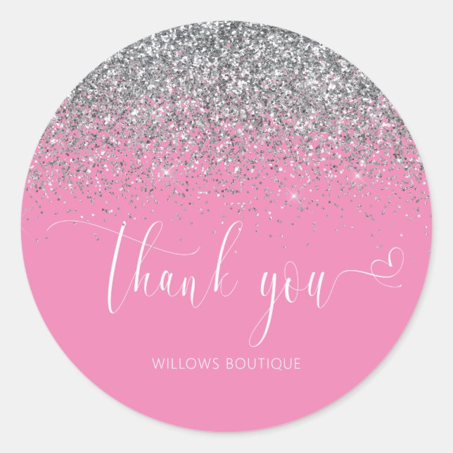 Chic Pink White Silver Glitzer Vielen Dank Runder Aufkleber (Vorderseite)