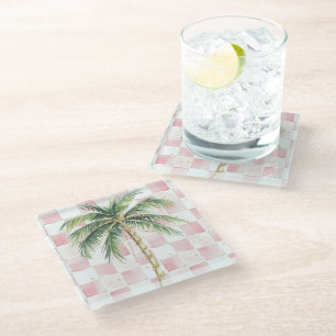Chic Pink White Squares Gold Palm Tree Glasuntersetzer