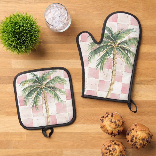 Chic Pink White Squares Gold Palm Tree Ofenhandschuh & Topflappen-Set (Oben Unten)