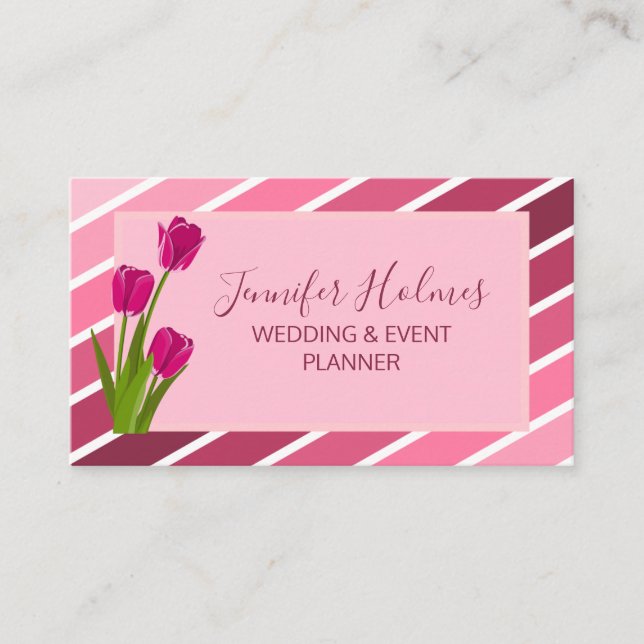 Chic Pink White Stripes Tulip Floral Visitenkarte (Vorderseite)