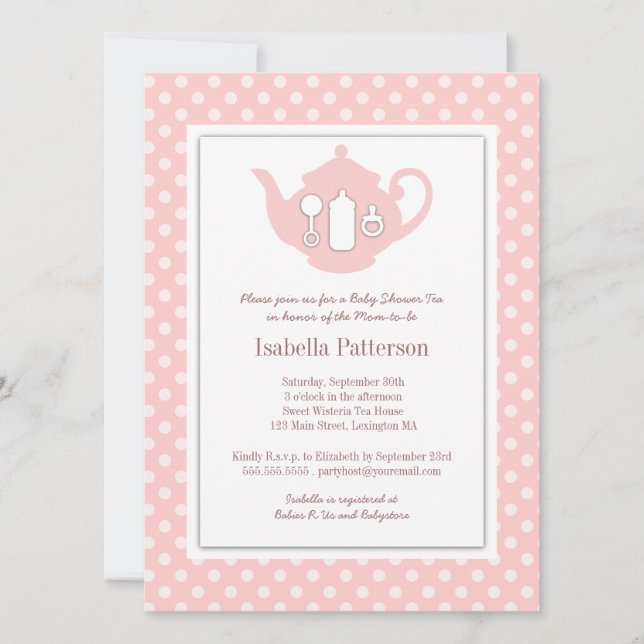 Chic Pink| White Teapot Baby Dusche Tee Party Einladung (Vorderseite)