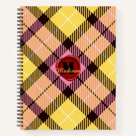Chic Pink Yellow Tartan Briefmarke Monogram Script Notizbuch