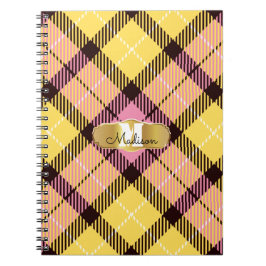 Chic Pink Yellow Tartan Gold Monogram Script Name Notizblock