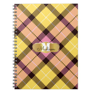 Chic Pink Yellow Tartan Gold Monogram Script Name Notizblock