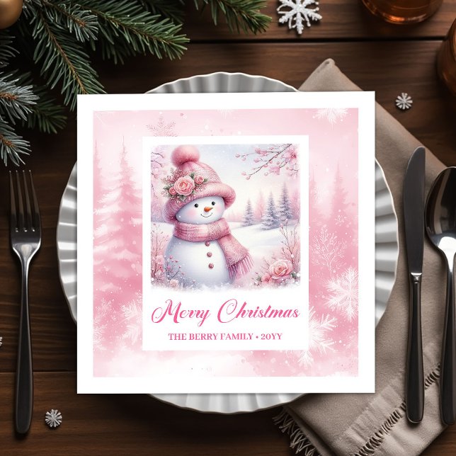 Chic Pinkmas Winter Forest Napkins Snowman Holiday Serviette (Pinkmas Winter Forest Napkins Snowman Holiday Design)