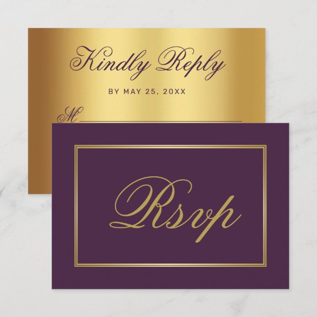 Chic Plum Lila Gold Script Calligrafy Wedding RSVP Karte (Vorne/Hinten)