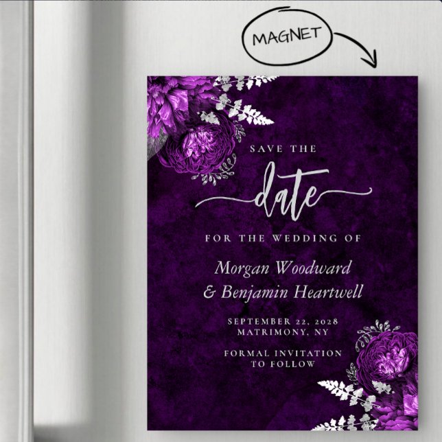 Chic Plum Silver Floral Wedding Save the Date Magneteinladung (Von Creator hochgeladen)