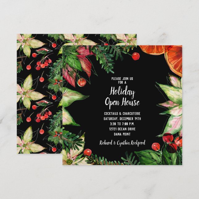 Chic Poinsettia et Oranges Invitations de Noël (Devant / Derrière)