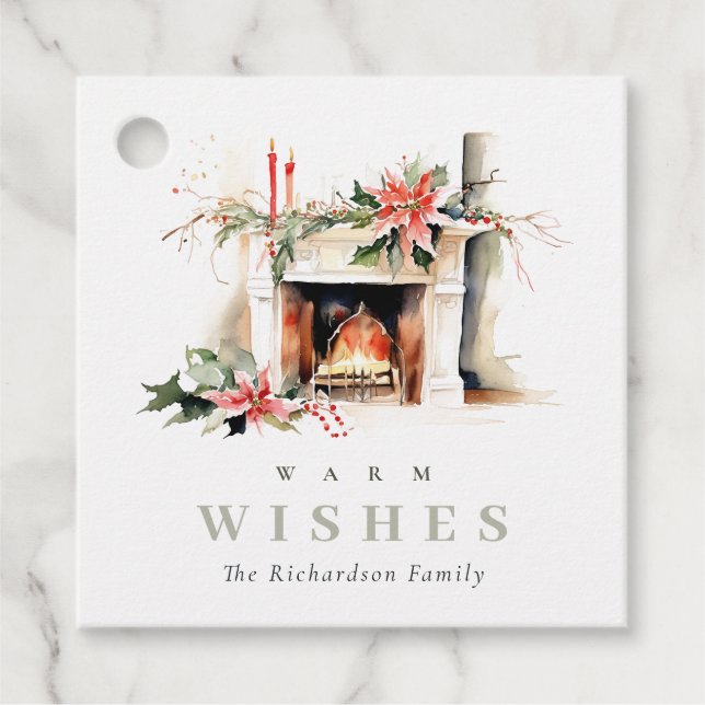 Chic Poinsettia Feuerplatz Warme Weihnachtswünsche Geschenkanhänger (Vorderseite)