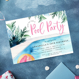 Chic Pool Geburtstagsparty Moderne Aquarell Einladung