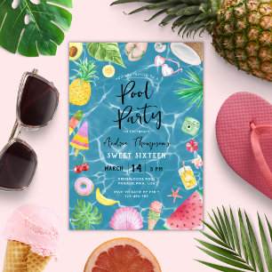 Chic Pool Party Sommer Süß 16 Geburtstag Einladung