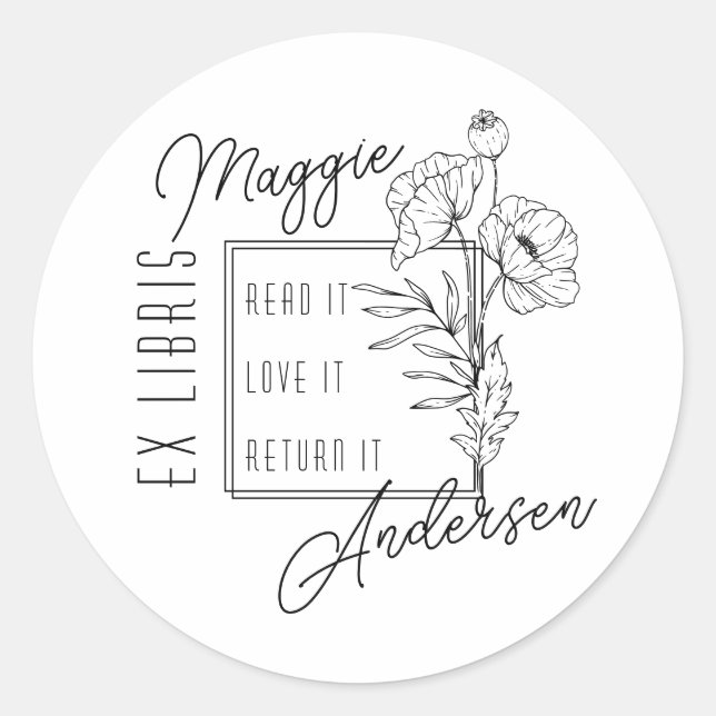 Chic Poppies | Individuelle Name Ex Libris Buchzei Runder Aufkleber (Vorderseite)