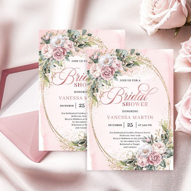 Chic Powder Pink Floral Eucalyptus Bridal Shower Einladung (Chic Powder Pink Floral Eucalyptus Bridal Shower)