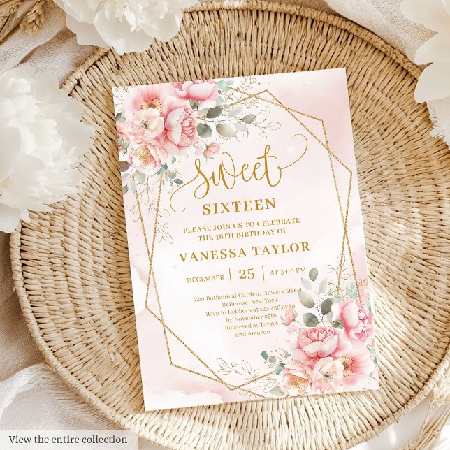 Chic Powder Pink Gold Peonies Sweet 16 Einladung (Chic Powder Pink Gold Peonies Sweet 16 Invitation)