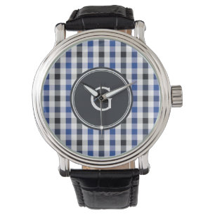 chic Preppy Blue Gingham Muster Monogramm Armbanduhr