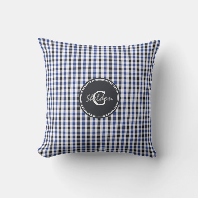 chic Preppy Blue Gingham Muster Monogramm Kissen (Vorderseite)
