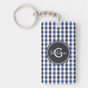 chic Preppy Blue Gingham Muster Monogramm Schlüsselanhänger