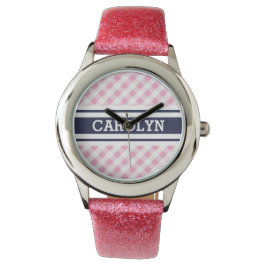 Chic Preppy Pink Marine Gingham Muster Monogramm Armbanduhr