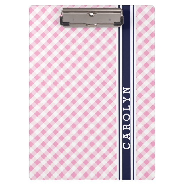 Chic Preppy Pink Marine Gingham Muster Monogramm Klemmbrett (Vorderseite)
