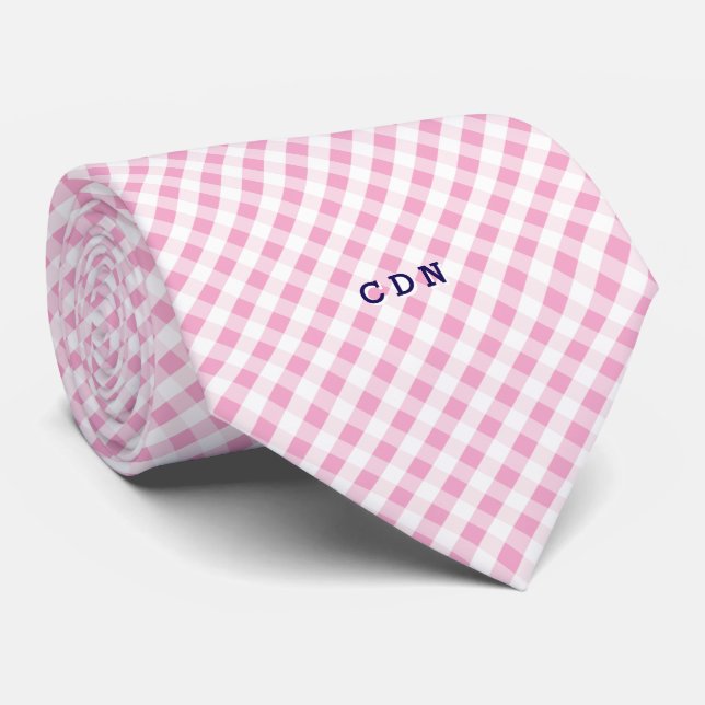 Chic Preppy Pink Marine Gingham Muster Monogramm Krawatte (Gerollt)