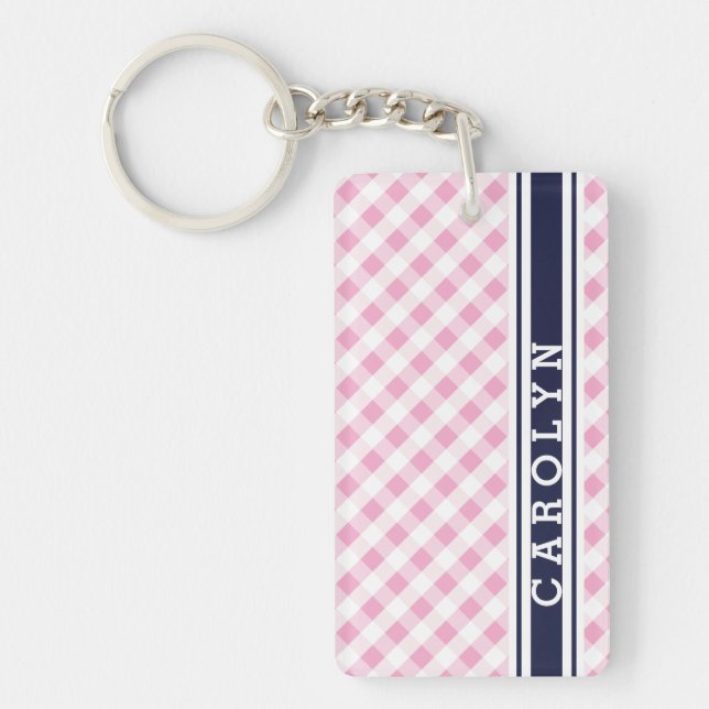 Chic Preppy Pink Marine Gingham Muster Monogramm Schlüsselanhänger (Vorderseite)